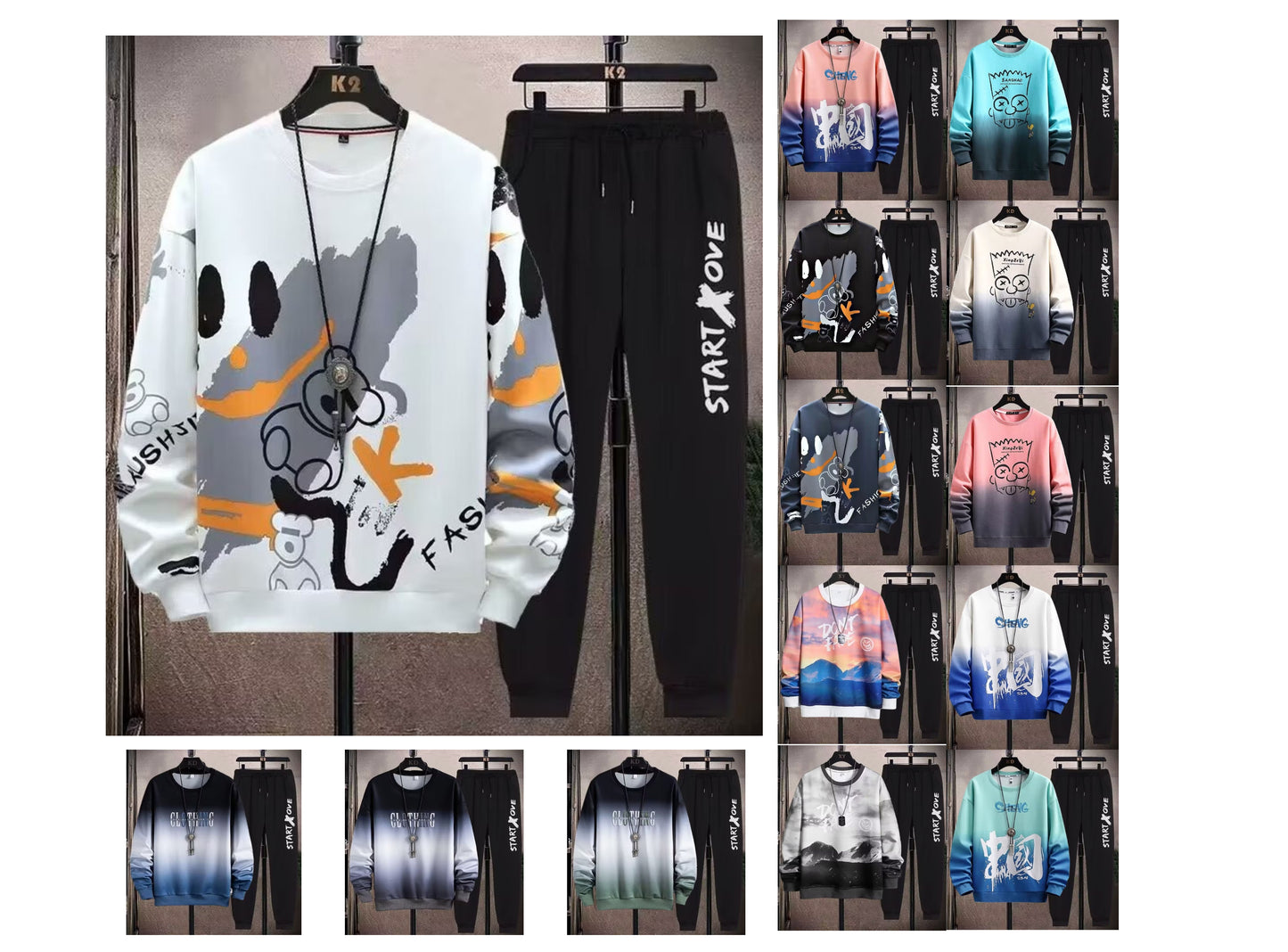 2-teiliges Sweat-Set für Herren, Hose, lässiger Pullover, T-Shirt, Oberbekleidung, locker, All-Match, Farbverlauf, langärmelig, Studentenoberteile | W93