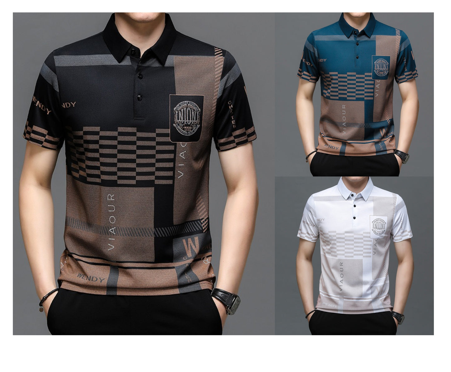 Herren Business Kurzarm Polokragen Baumwollhemd Solides besticktes Top T-Shirt | 104