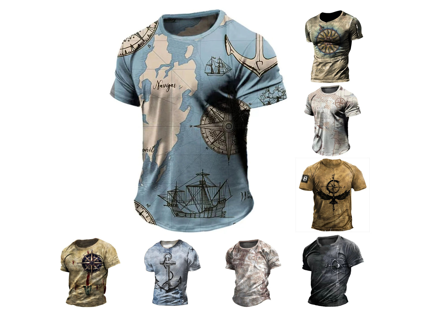 Herren T-Shirt Sommer Tops Kompass Bedruckt Kurzarm T-Shirts Freizeithemd