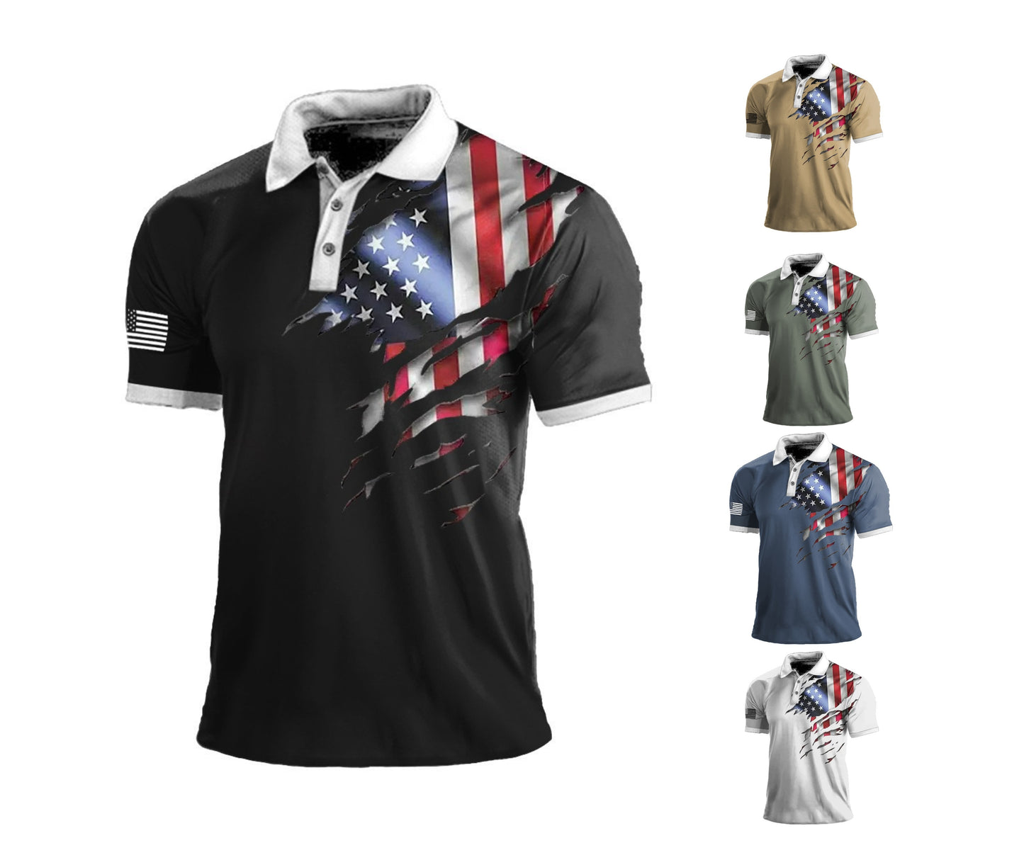 Herren-Poloshirt mit amerikanischer Flaggen-Print, Sport- und Outdoor-Revers, kurzärmelig | 112