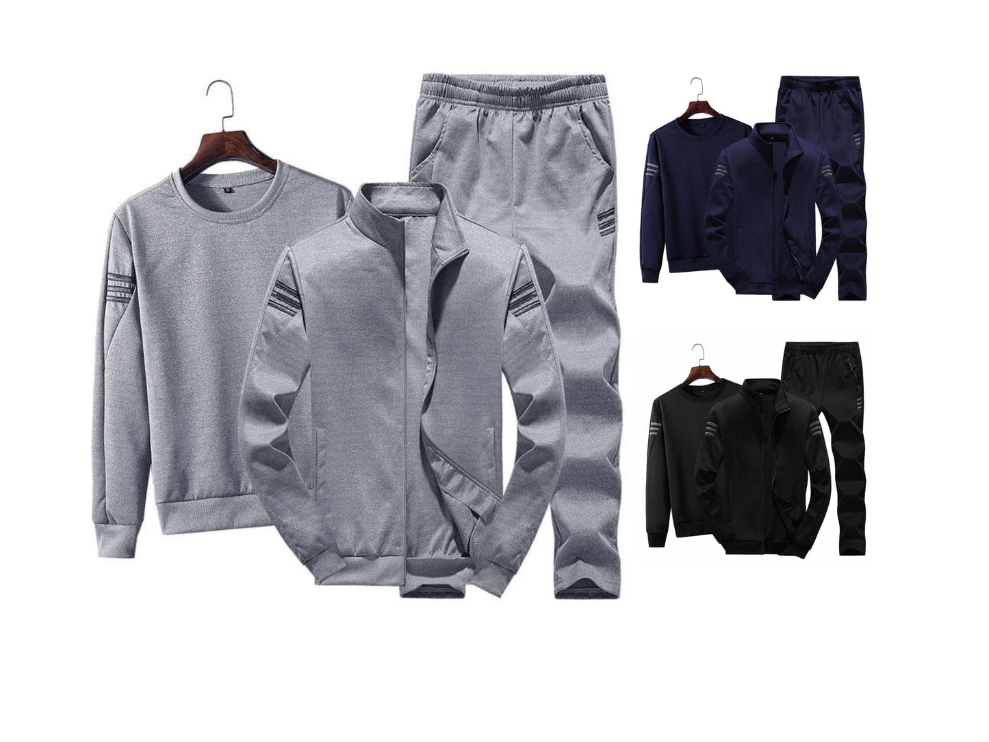 Herren Herbst Winter Langarm Pullover Sweatshirt Reißverschluss Jacke & Hose Set Lässiger Sportanzug Trend 3-teiliges Set (Hemd+Jacke+Hose) | T928