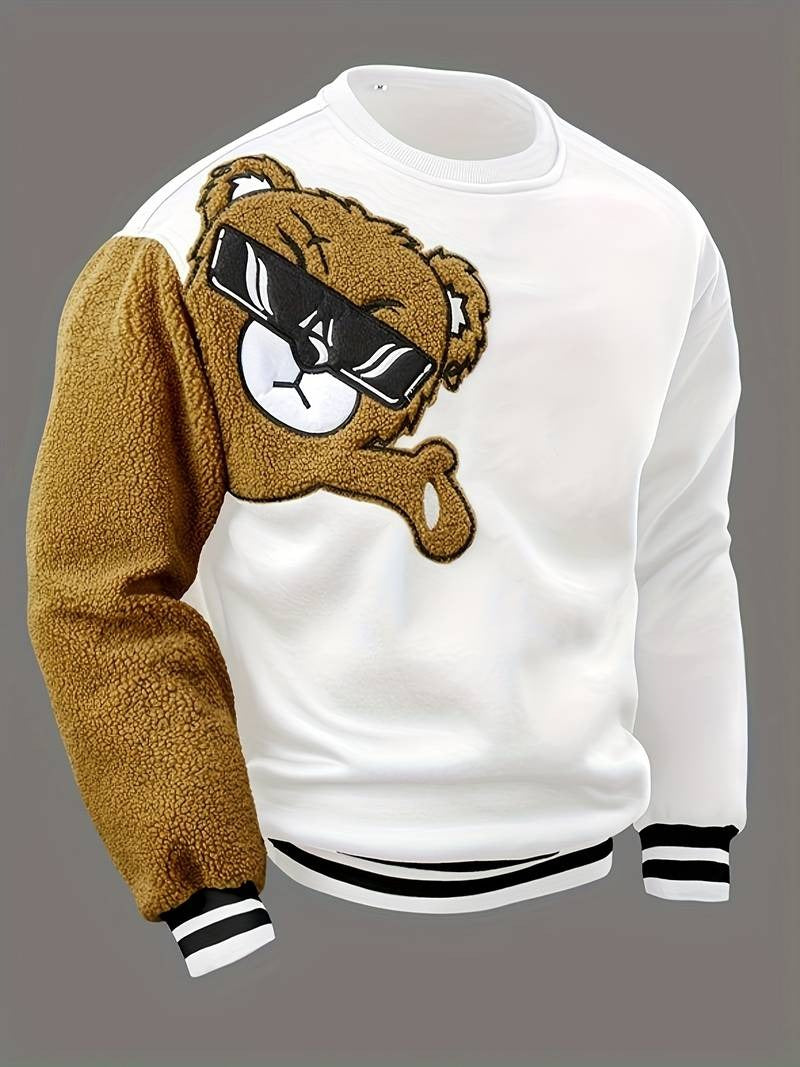 Herren-Sweatshirt mit Cartoon-Bär-Stickerei, Rundhalsausschnitt, Übergröße, Polyestergewebe, lebendiges Tiermuster, Oberteil, Freizeitkleidung, Strickstoffhemd