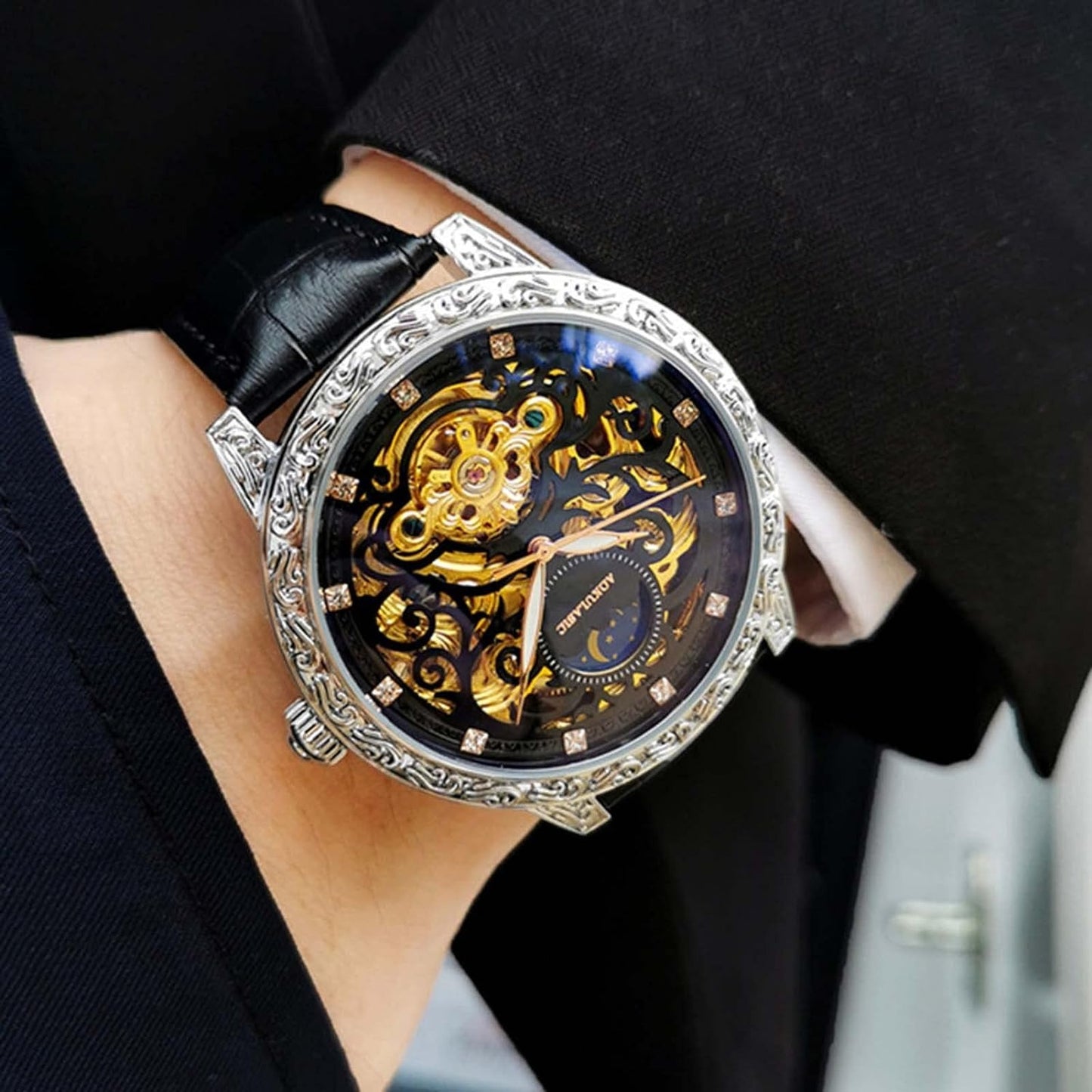 Mechanische Herrenuhren Automatik Wasserdicht Business Armbanduhr Lederuhr | 2120-6