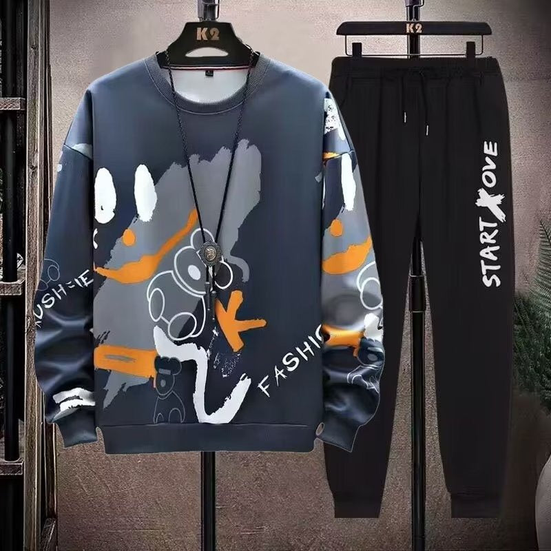 2-teiliges Sweat-Set für Herren, Hose, lässiger Pullover, T-Shirt, Oberbekleidung, locker, All-Match, Farbverlauf, langärmelig, Studentenoberteile | W93