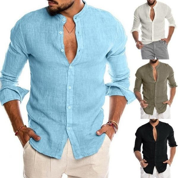 Herren Freizeithemden Einfarbiges Leinen Langarm Stehkragen Cardigan Hemd | 418