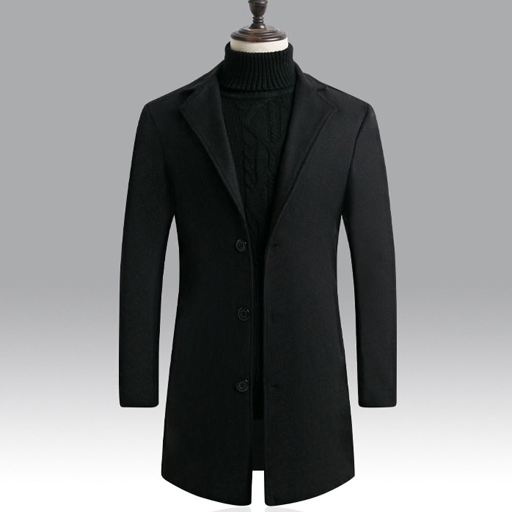 Herren Leichte Wolljacke Einfarbig Einreihig Revers Langer Mantel Business Mantel | D67