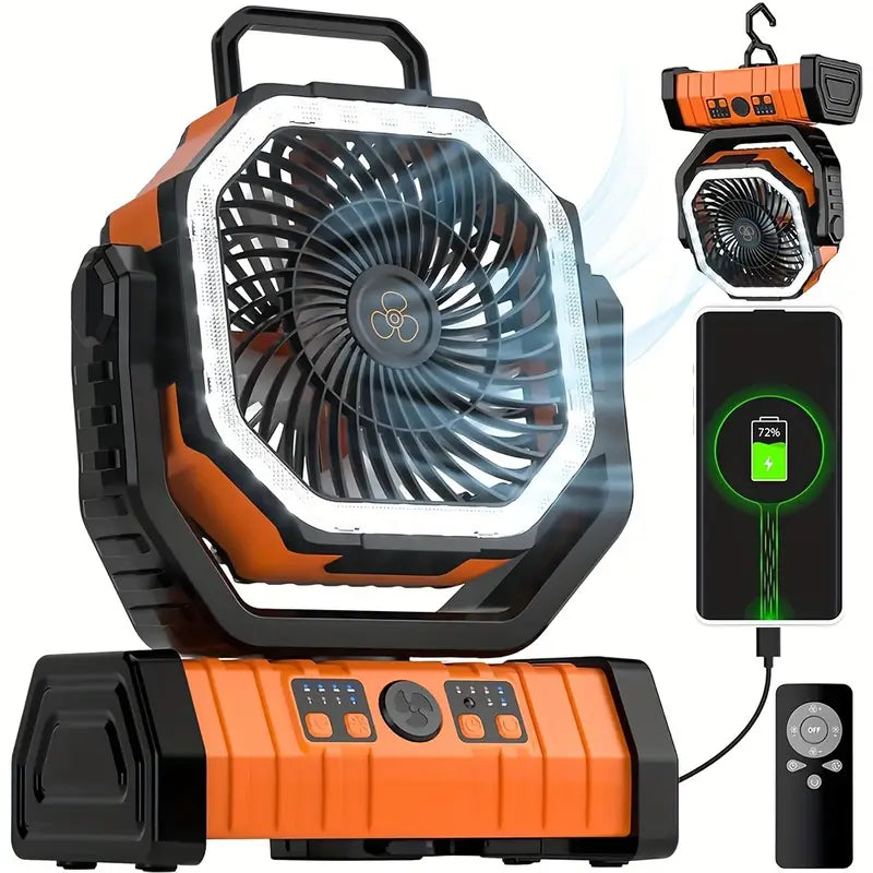 Tragbarer, wiederaufladbarer Outdoor-Camping-Ventilator mit Haken, USB-Tischventilator mit LED-Notlicht und Powerbank für Picknick, Wandern, Angeln