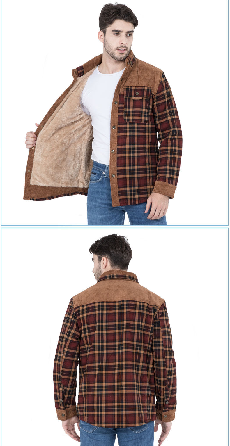 Herren Patchwork Cord Karo Hemd Jacke Übergröße Samtgefüttert Lässiges Winteroberteil | 3251