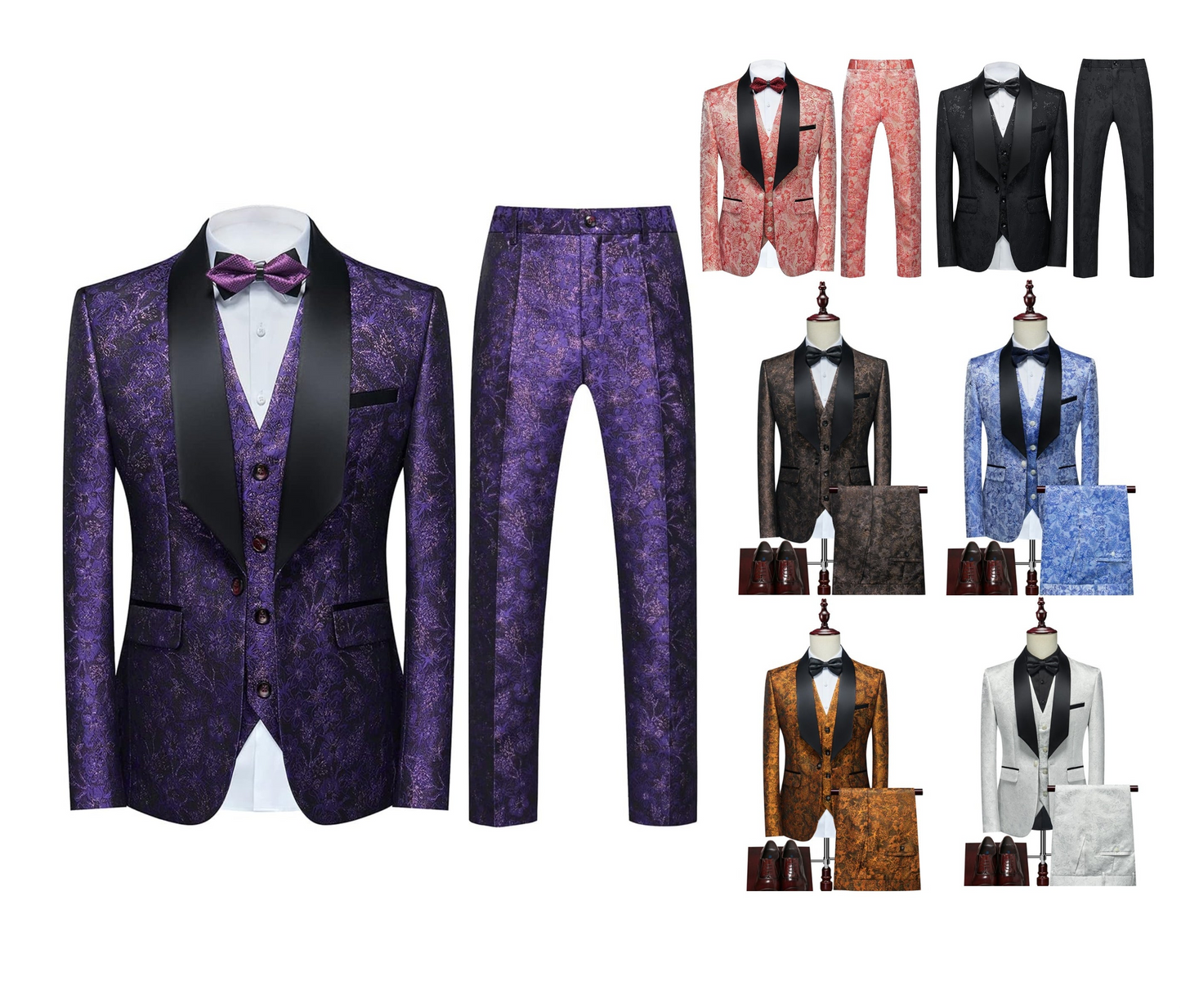 Herren 3-teiliges Smoking-Set mit Blumenmuster, hochwertige Blazerweste und Hose, 3-teiliges Set für Hochzeiten, Partys und festliche Anlässe | 802