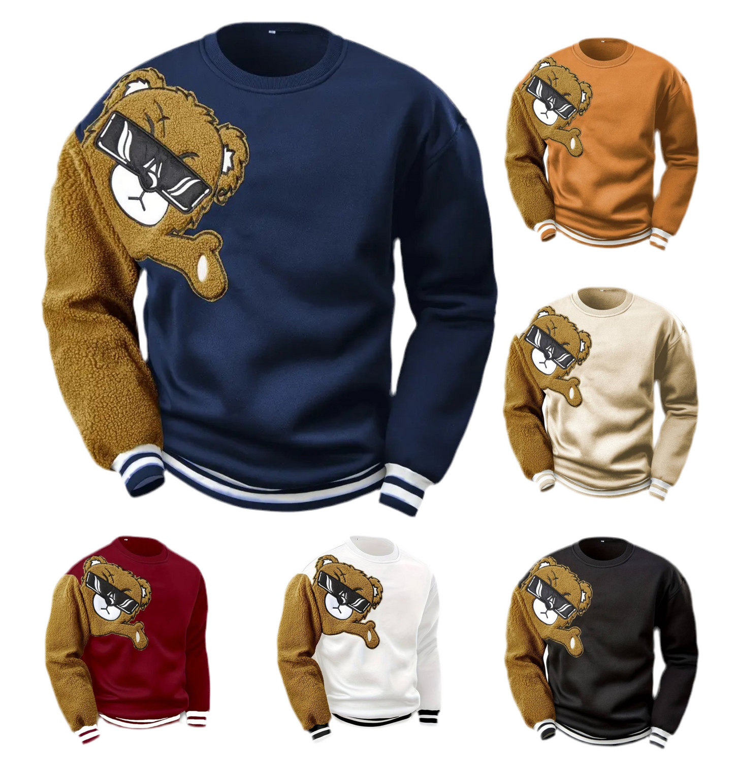 Herren-Sweatshirt mit Cartoon-Bär-Stickerei, Rundhalsausschnitt, Übergröße, Polyestergewebe, lebendiges Tiermuster, Oberteil, Freizeitkleidung, Strickstoffhemd