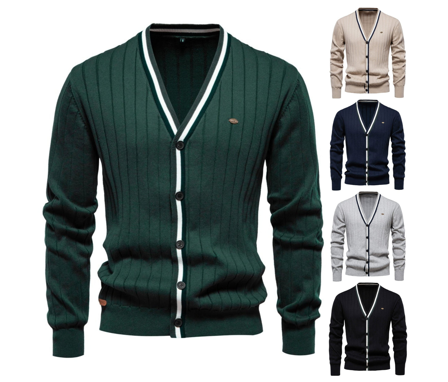 Herren-Strickjacke mit V-Ausschnitt und Farbbesatz – Lässiger, locker sitzender Pullover mit Knöpfen für den Herbst | SW199
