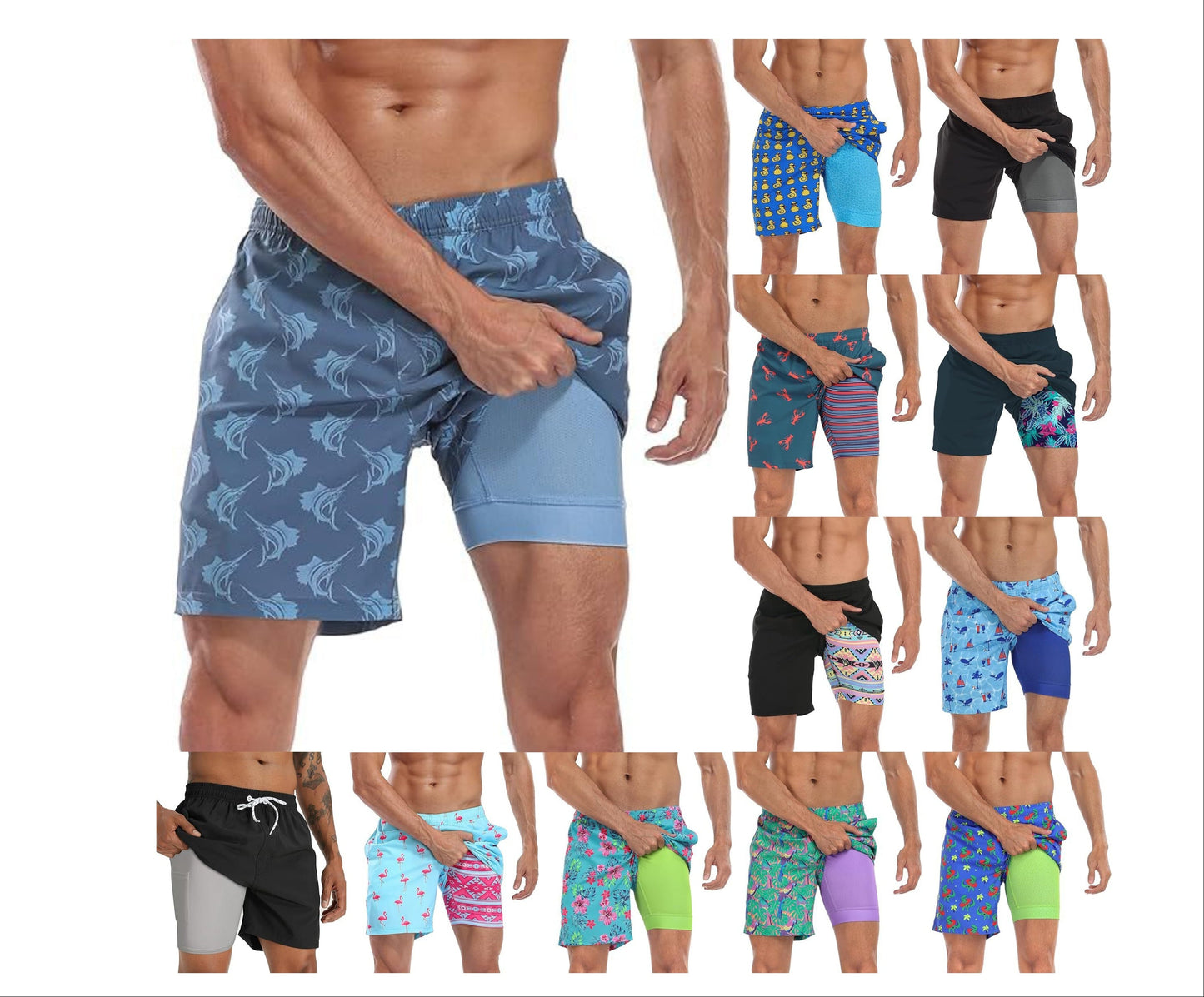 Sommer-Strandshorts mit 3D-Druck für Herren, doppellagig, schnelltrocknend, atmungsaktiv, auffällige Designs | SCDK-QK