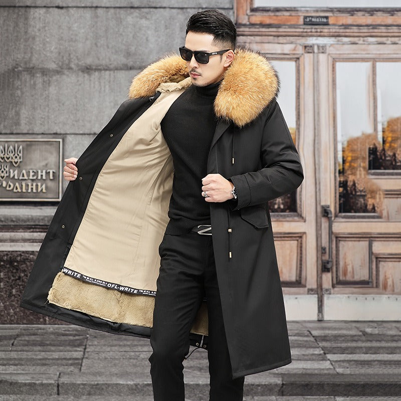 Snow Lotus Men's Otter Rabbit Fur Parka | Detachable Fur Lining Long Winter Coat | Mid-Length Hooded Faux Fur Jacket | 212