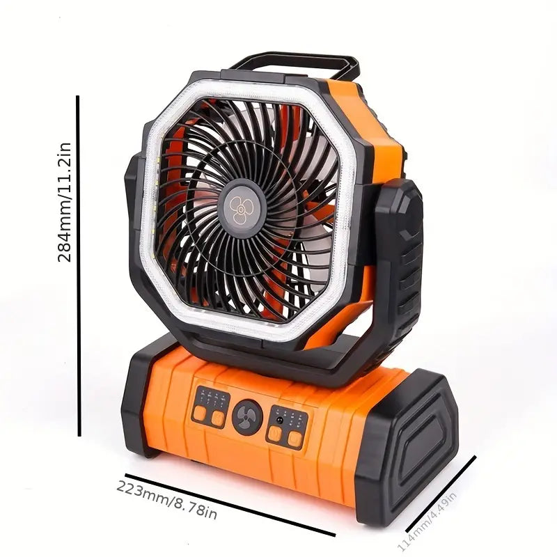 Tragbarer, wiederaufladbarer Outdoor-Camping-Ventilator mit Haken, USB-Tischventilator mit LED-Notlicht und Powerbank für Picknick, Wandern, Angeln