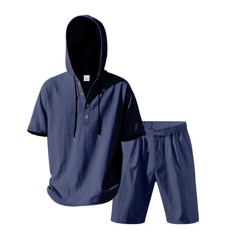 Herren Sommer Leinen Kapuzenhemd & Shorts Set Leichtes Casual Beachwear Set | CW15