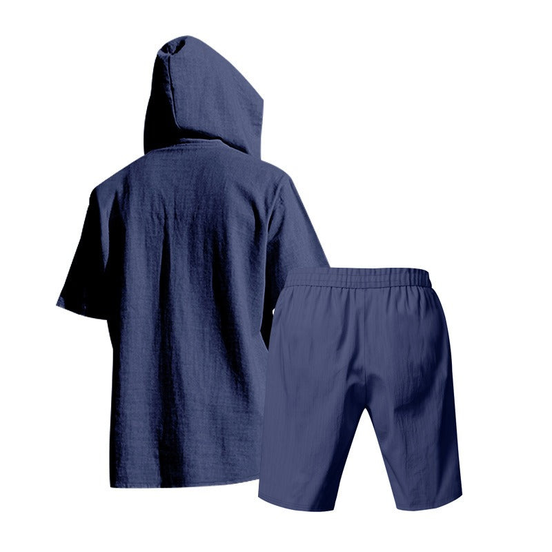 Herren Sommer Leinen Kapuzenhemd & Shorts Set Leichtes Casual Beachwear Set | CW15