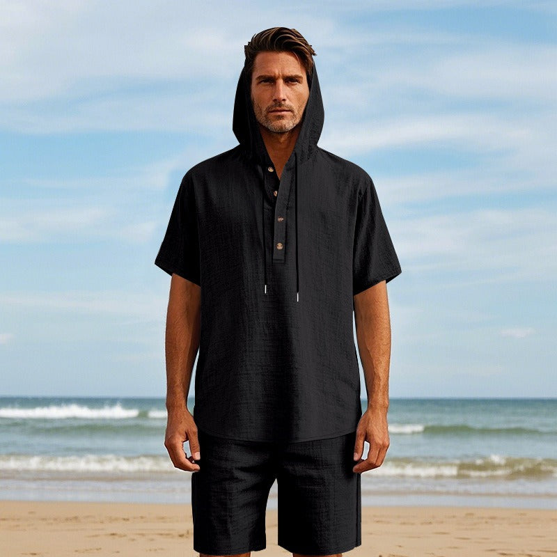 Herren Sommer Leinen Kapuzenhemd & Shorts Set Leichtes Casual Beachwear Set | CW15