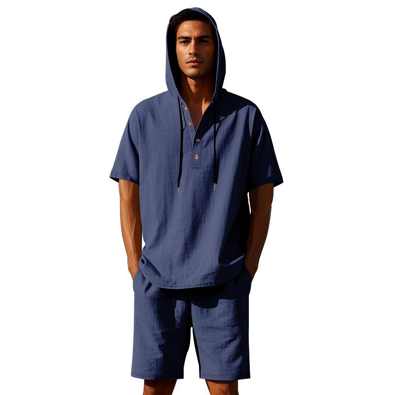 Herren Sommer Leinen Kapuzenhemd & Shorts Set Leichtes Casual Beachwear Set | CW15
