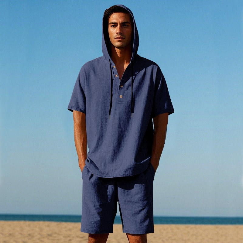 Herren Sommer Leinen Kapuzenhemd & Shorts Set Leichtes Casual Beachwear Set | CW15