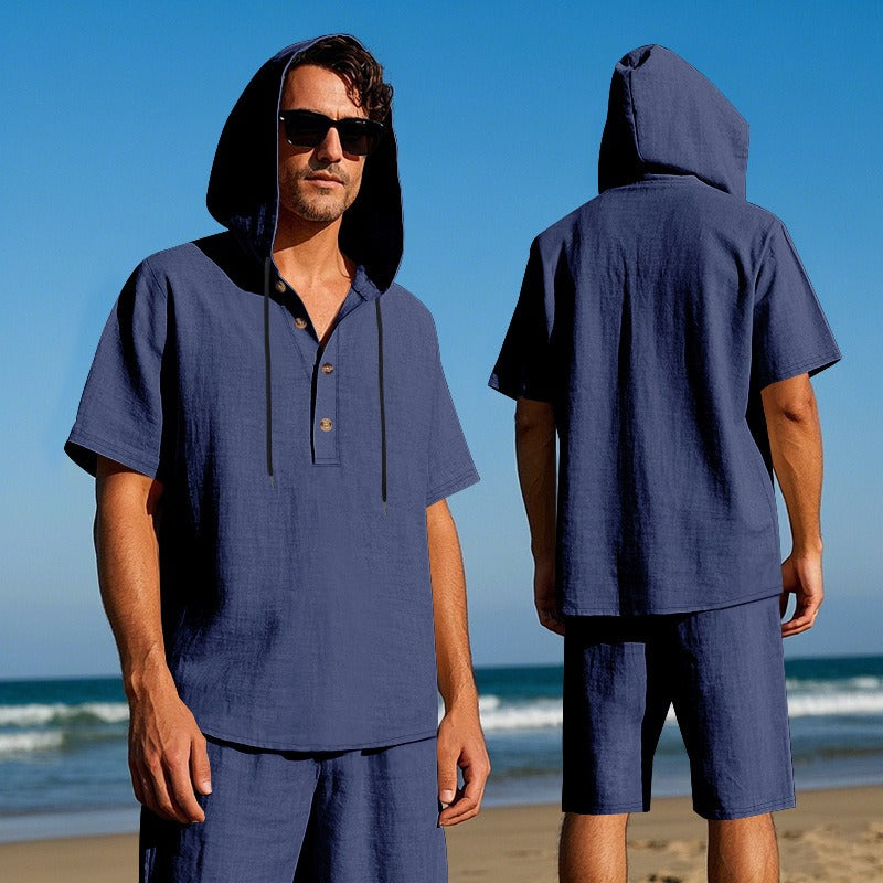Herren Sommer Leinen Kapuzenhemd & Shorts Set Leichtes Casual Beachwear Set | CW15