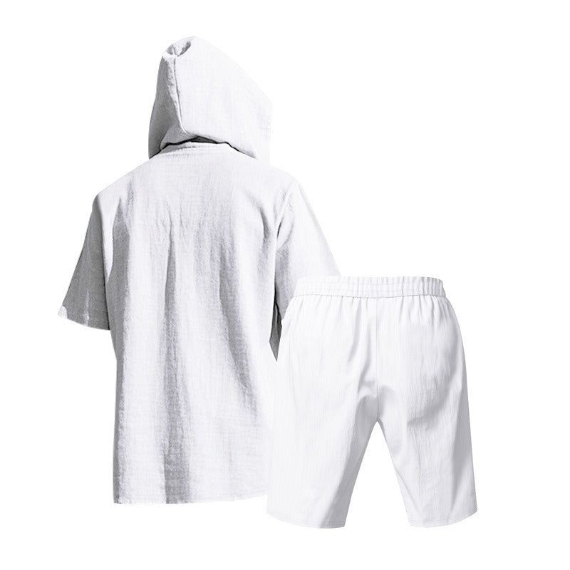 Herren Sommer Leinen Kapuzenhemd & Shorts Set Leichtes Casual Beachwear Set | CW15