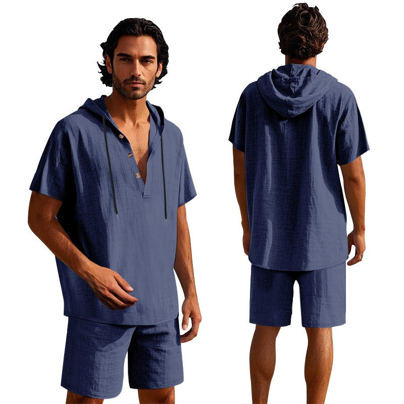 Herren Sommer Leinen Kapuzenhemd & Shorts Set Leichtes Casual Beachwear Set | CW15