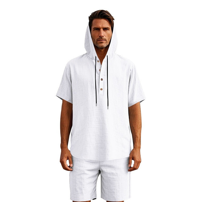Herren Sommer Leinen Kapuzenhemd & Shorts Set Leichtes Casual Beachwear Set | CW15