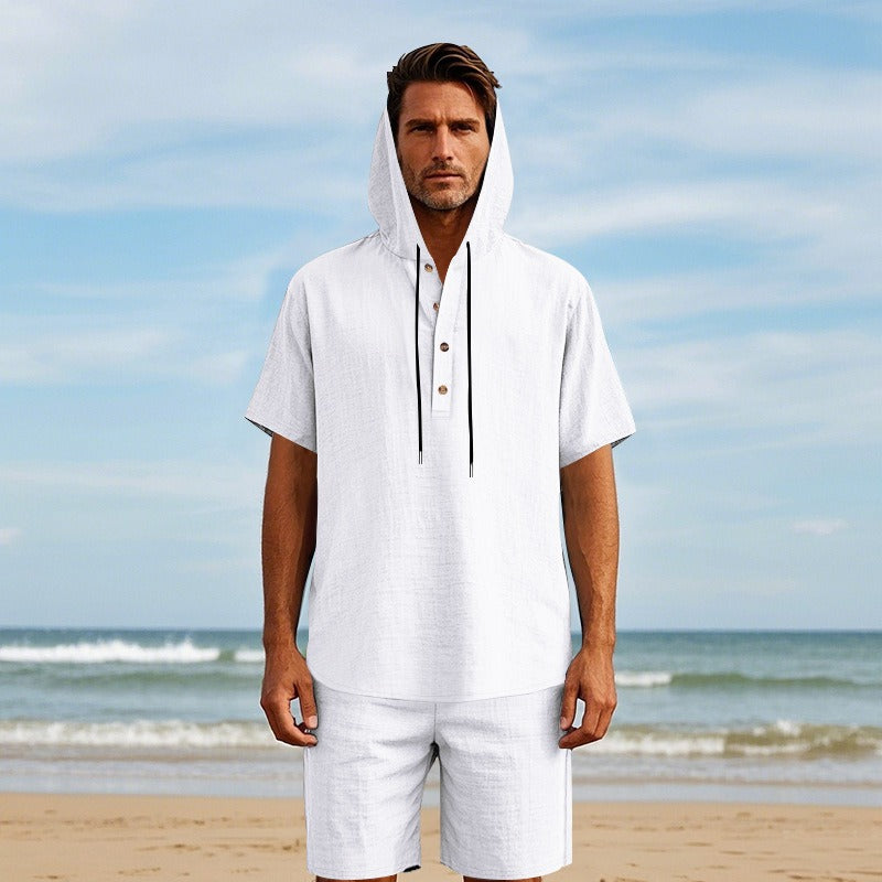 Herren Sommer Leinen Kapuzenhemd & Shorts Set Leichtes Casual Beachwear Set | CW15