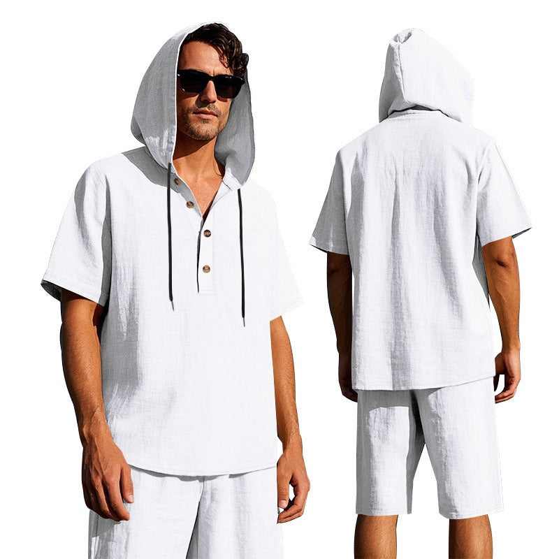 Herren Sommer Leinen Kapuzenhemd & Shorts Set Leichtes Casual Beachwear Set | CW15