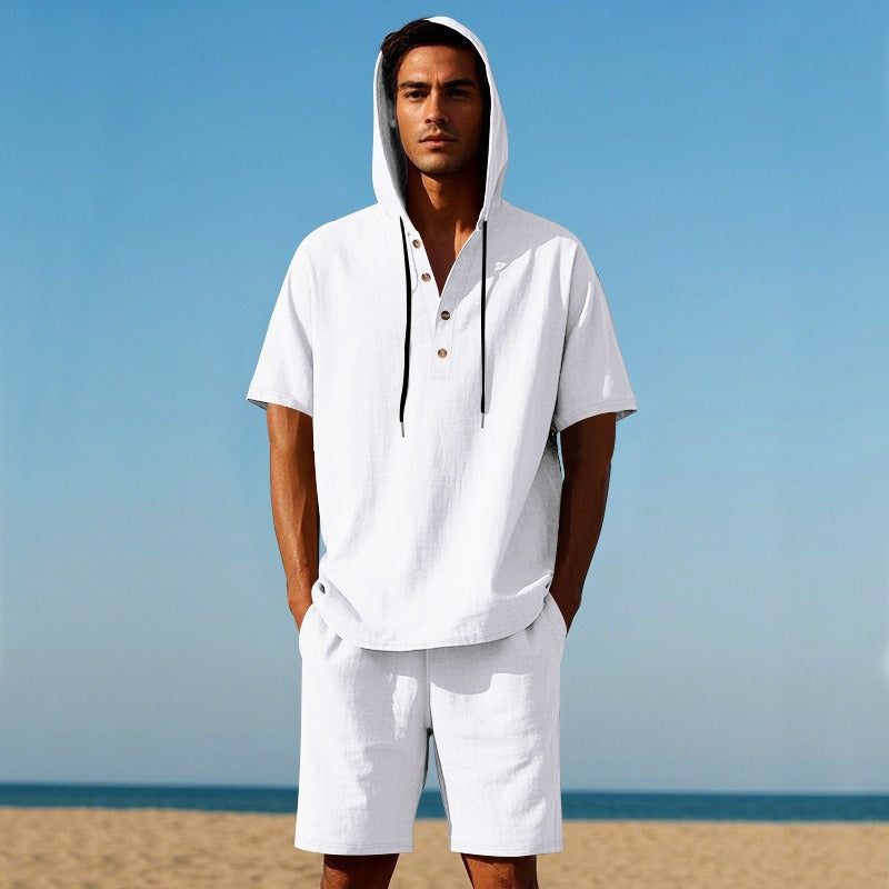 Herren Sommer Leinen Kapuzenhemd & Shorts Set Leichtes Casual Beachwear Set | CW15