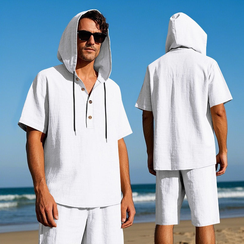 Herren Sommer Leinen Kapuzenhemd & Shorts Set Leichtes Casual Beachwear Set | CW15