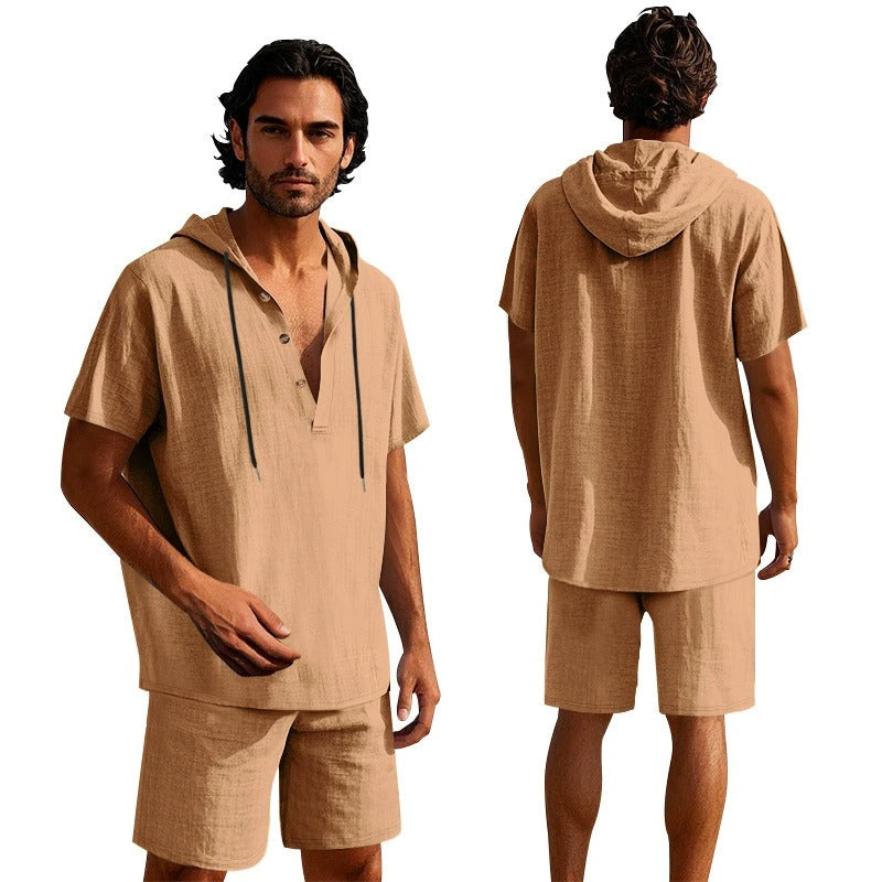 Herren Sommer Leinen Kapuzenhemd & Shorts Set Leichtes Casual Beachwear Set | CW15