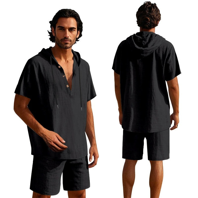 Herren Sommer Leinen Kapuzenhemd & Shorts Set Leichtes Casual Beachwear Set | CW15