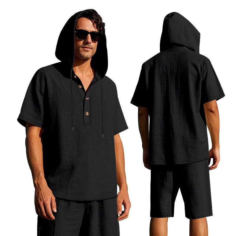Herren Sommer Leinen Kapuzenhemd & Shorts Set Leichtes Casual Beachwear Set | CW15