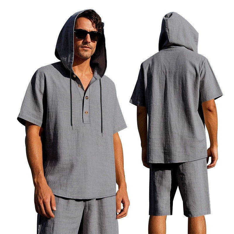 Herren Sommer Leinen Kapuzenhemd & Shorts Set Leichtes Casual Beachwear Set | CW15