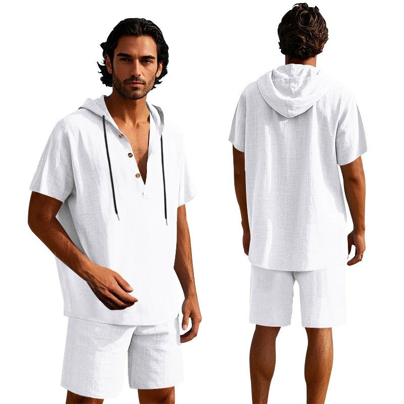 Herren Sommer Leinen Kapuzenhemd & Shorts Set Leichtes Casual Beachwear Set | CW15