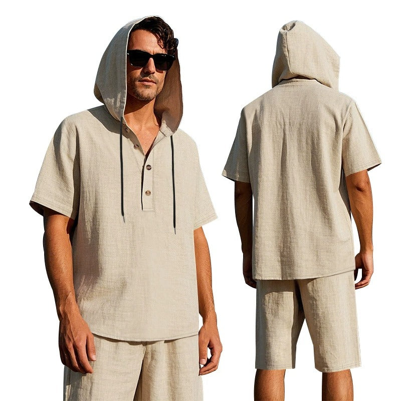 Herren Sommer Leinen Kapuzenhemd & Shorts Set Leichtes Casual Beachwear Set | CW15