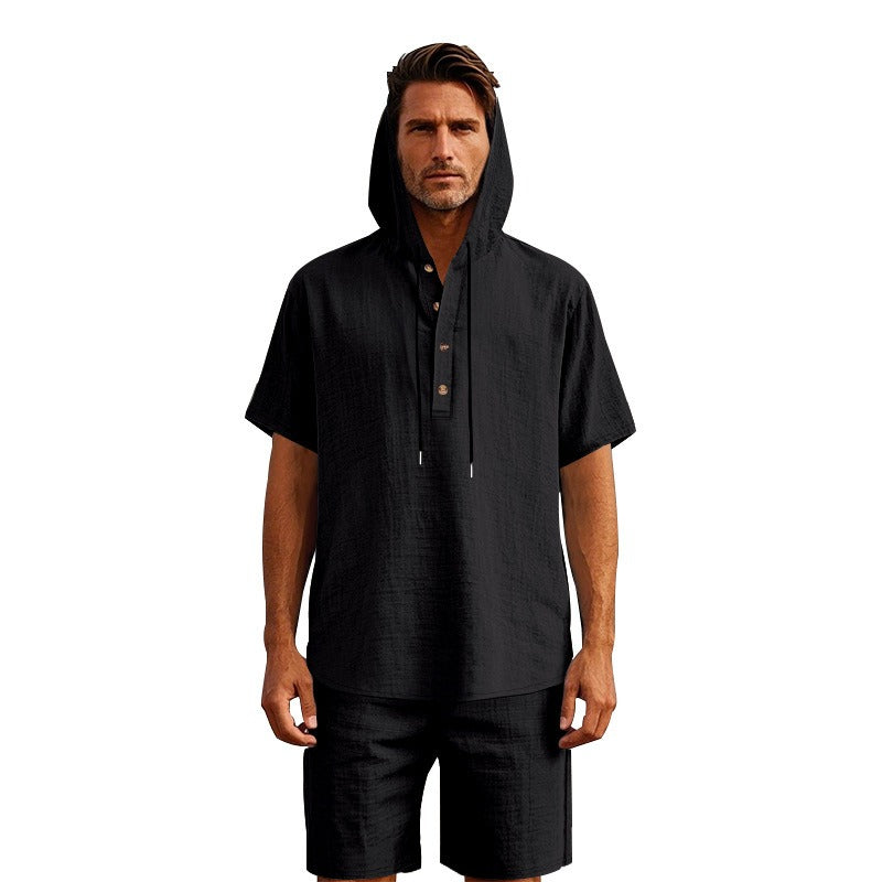 Herren Sommer Leinen Kapuzenhemd & Shorts Set Leichtes Casual Beachwear Set | CW15