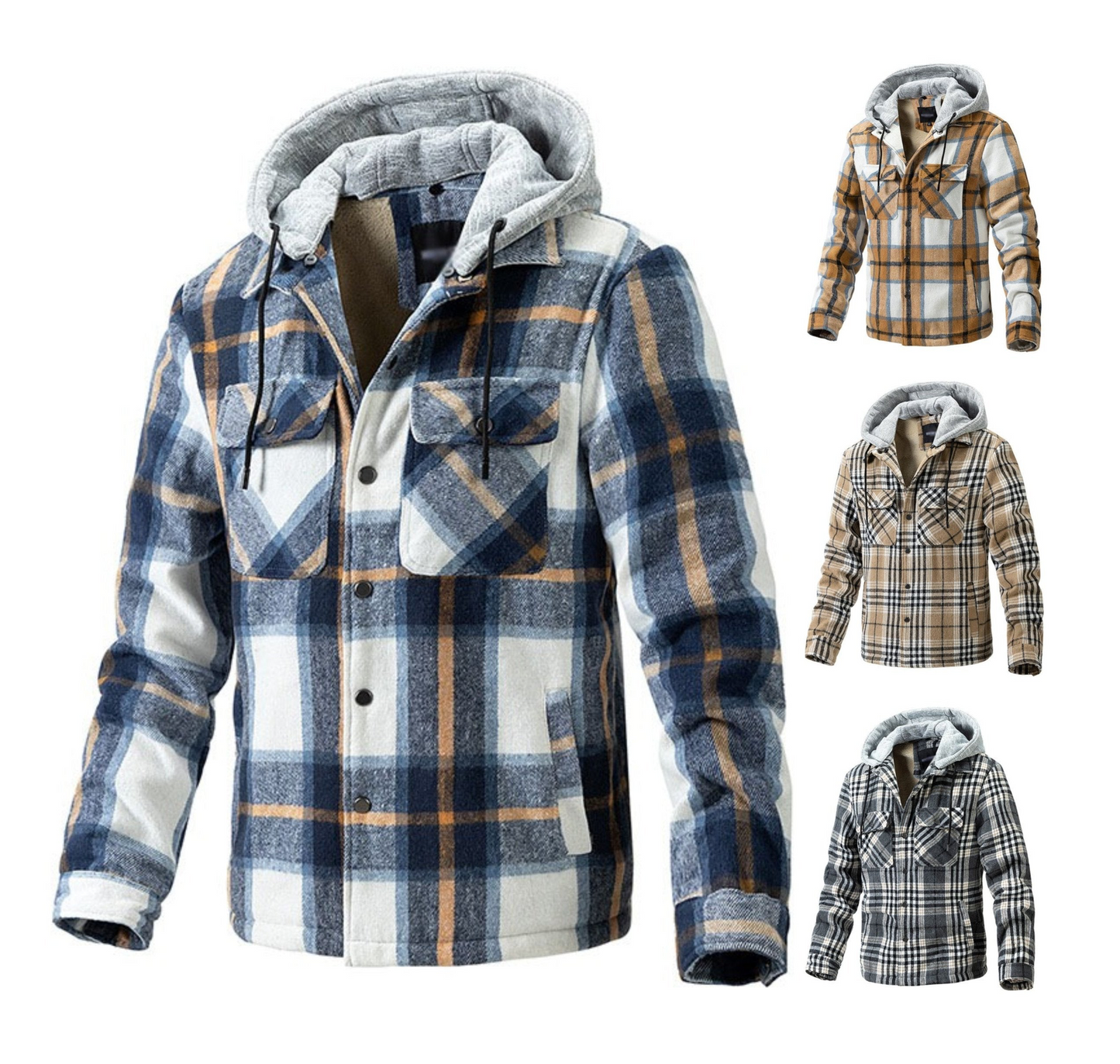 Hochwertige Winterjacke für Herren, karierte Wolle, schweres Übergrößenhemd, karierter Kapuzenmantel, Oversize-Oberteil | 88027