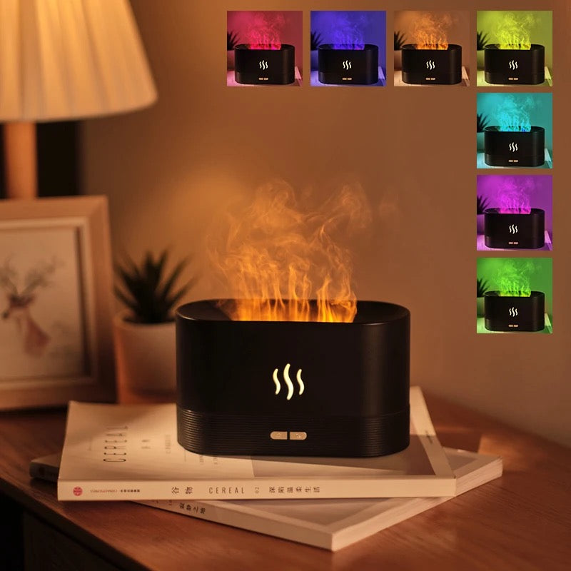 Aroma-Luftbefeuchter, 7 Farben, künstliche Flammen, geräuschloser Diffusor für ätherische Öle zur Entspannung zu Hause und im Büro | DQ701