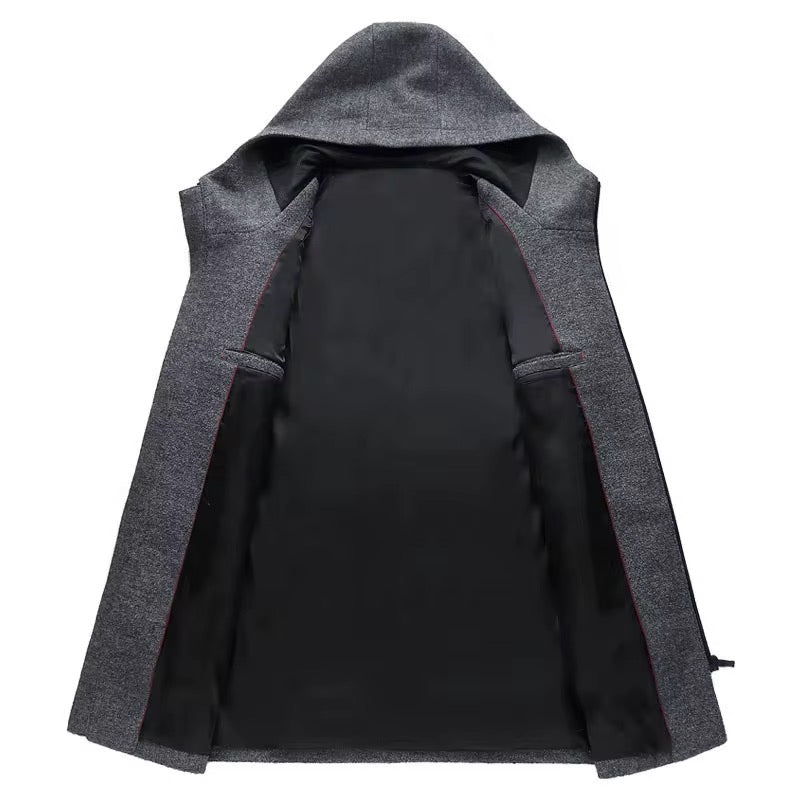 Herren Premium End Wollmischung Trenchcoat Reißverschluss Kapuze Mittellanger Mantel