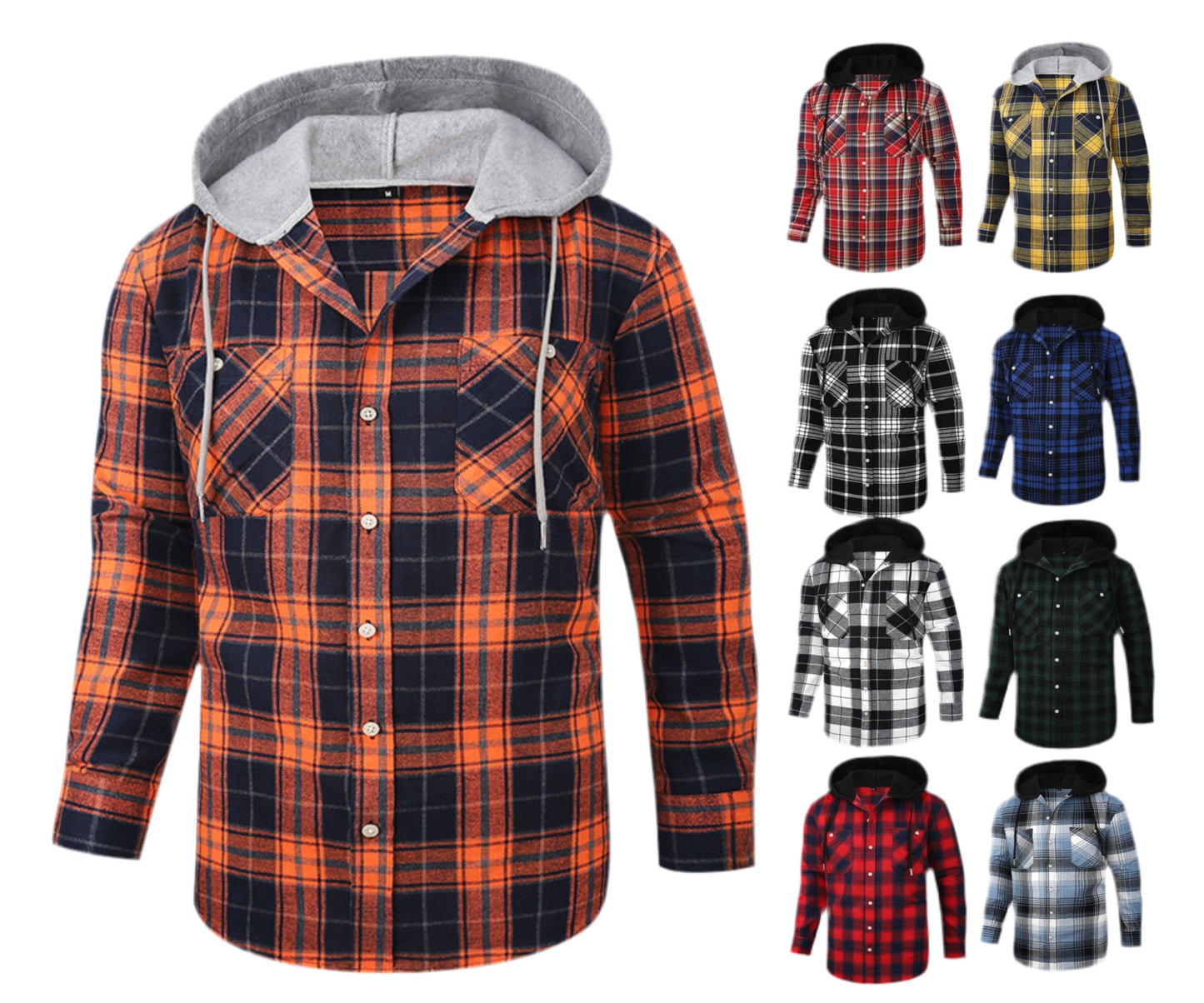 Herren Premium Loose Fit Casual Flanell Langarmhemd mit Kapuze und Karomuster | JM419