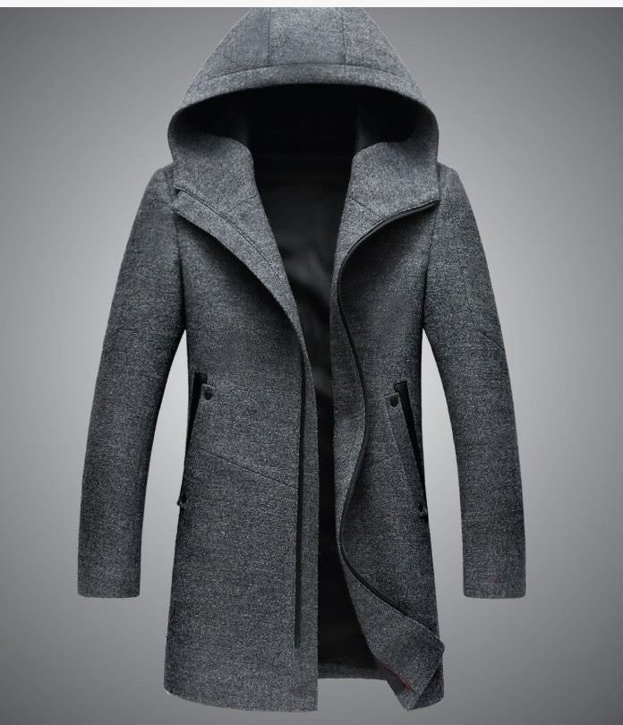 Herren Premium End Wollmischung Trenchcoat Reißverschluss Kapuze Mittellanger Mantel