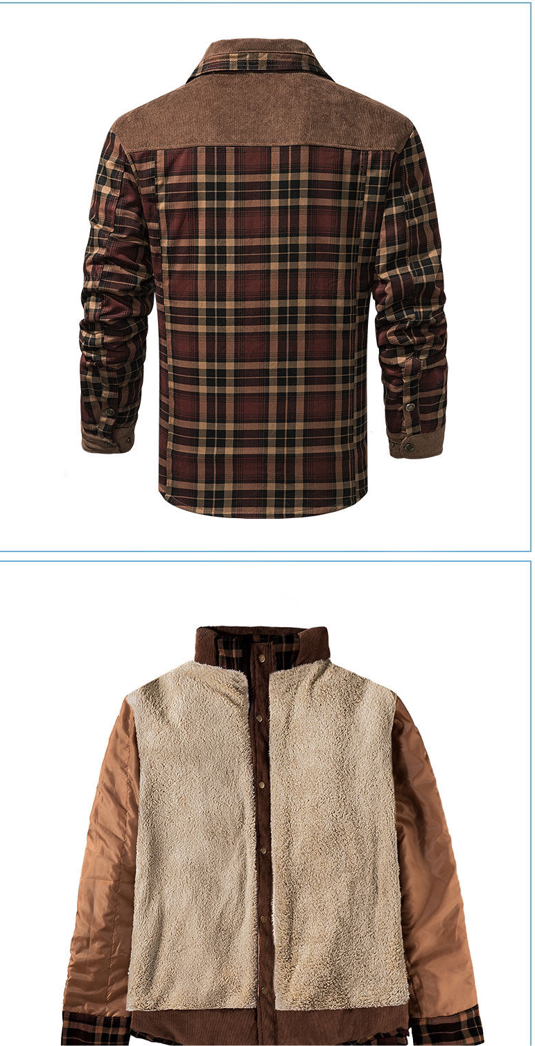 Herren Patchwork Cord Karo Hemd Jacke Übergröße Samtgefüttert Lässiges Winteroberteil | 3251
