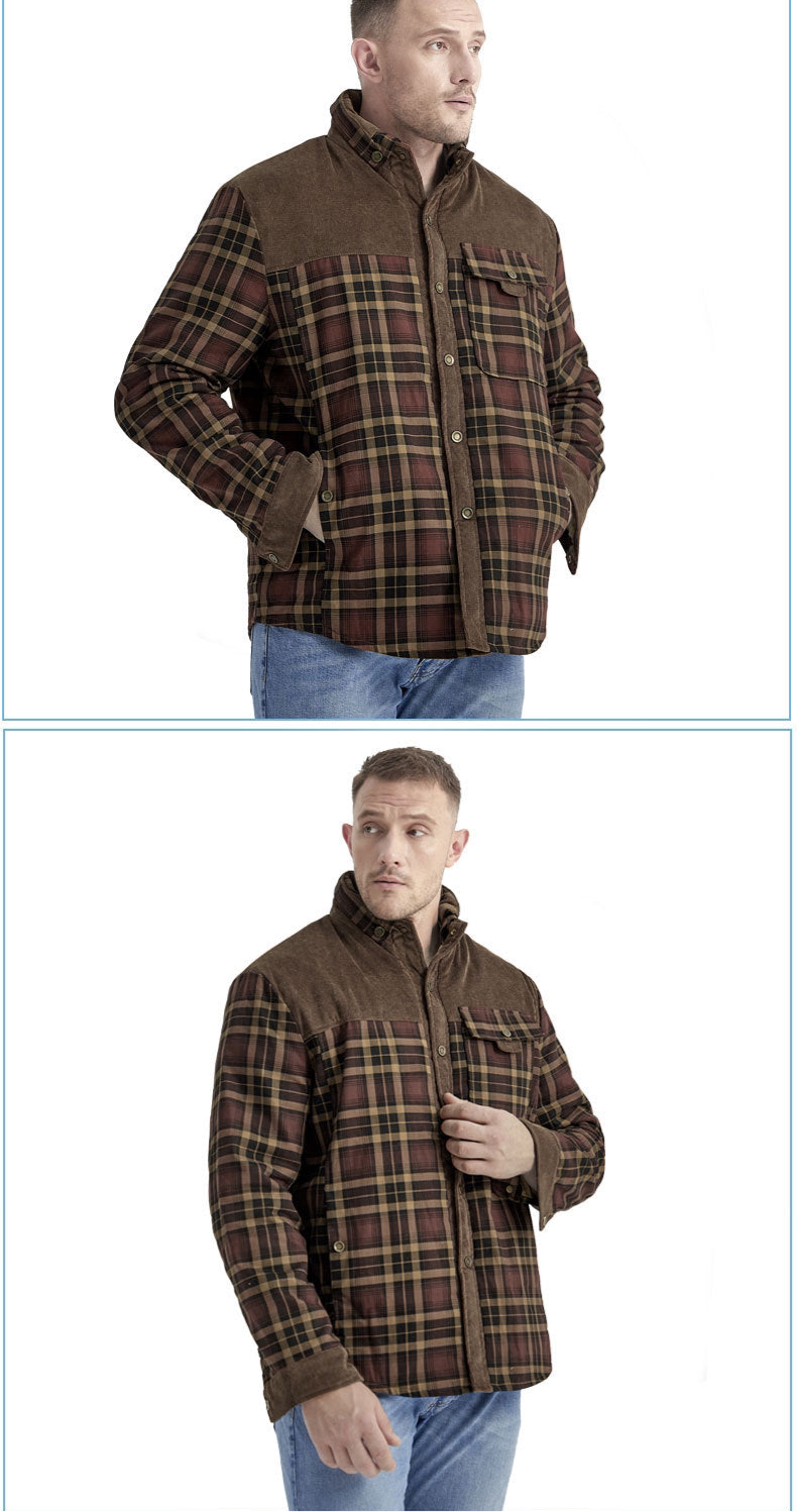 Herren Patchwork Cord Karo Hemd Jacke Übergröße Samtgefüttert Lässiges Winteroberteil | 3251