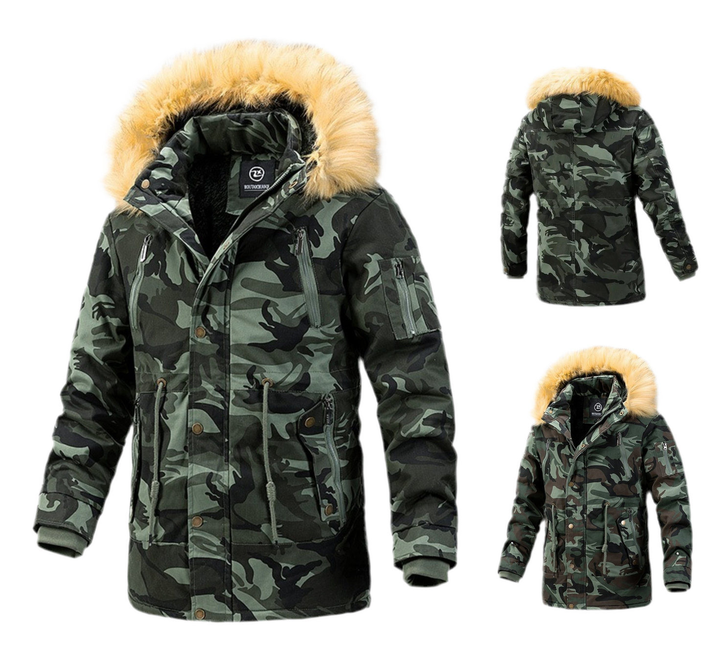Vielseitige Camouflage-Militärjacke für Herren mit Fleecefutter, Pelzkapuze und mehreren Taschen