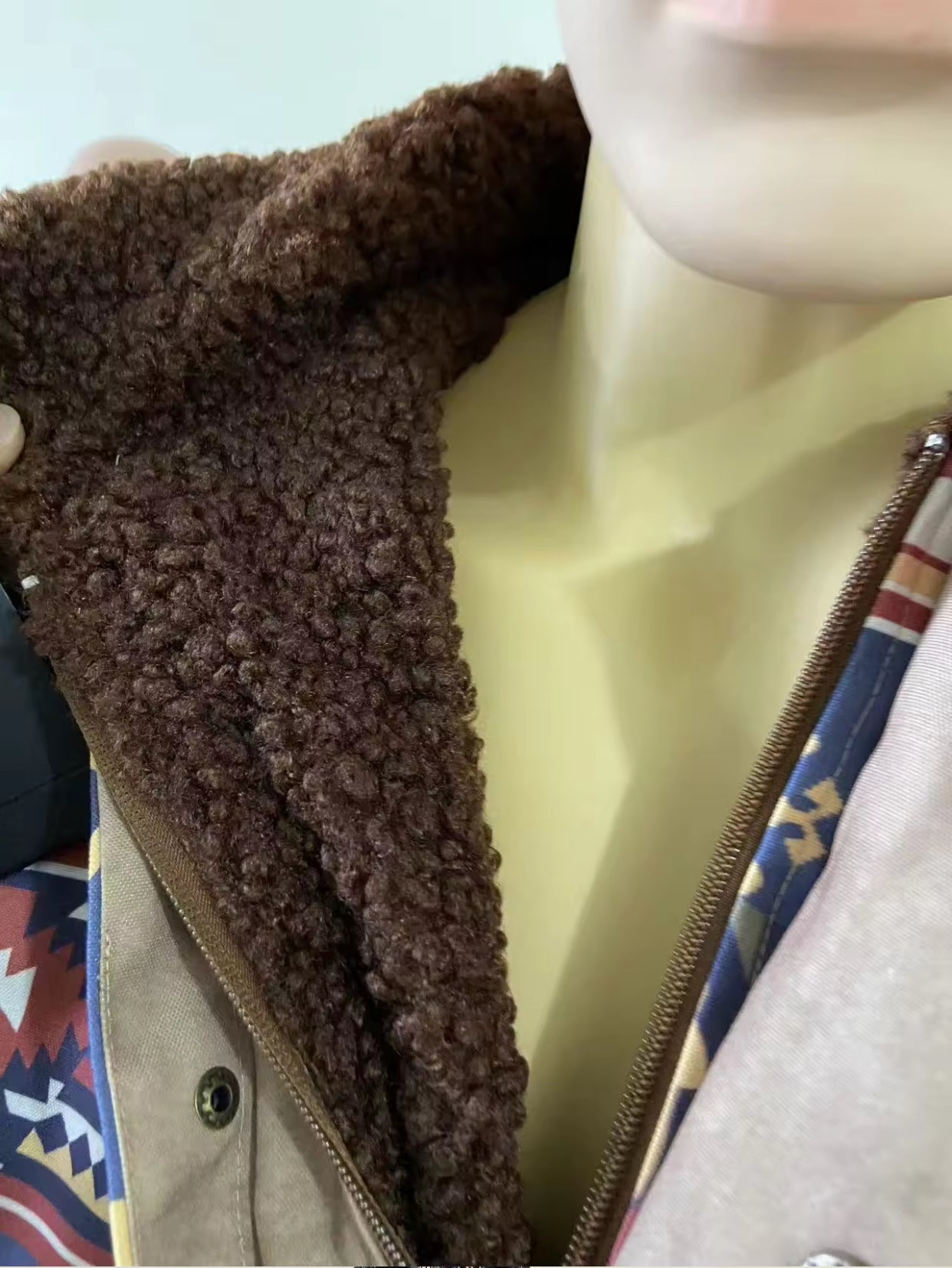 Herren-Fleece-Sherpa-Vintage-Jacke im Azteken-Stil, Übergröße, Reißverschluss und Knopfleiste, dicker taktischer Winter-Cargomantel mit Reverskragen