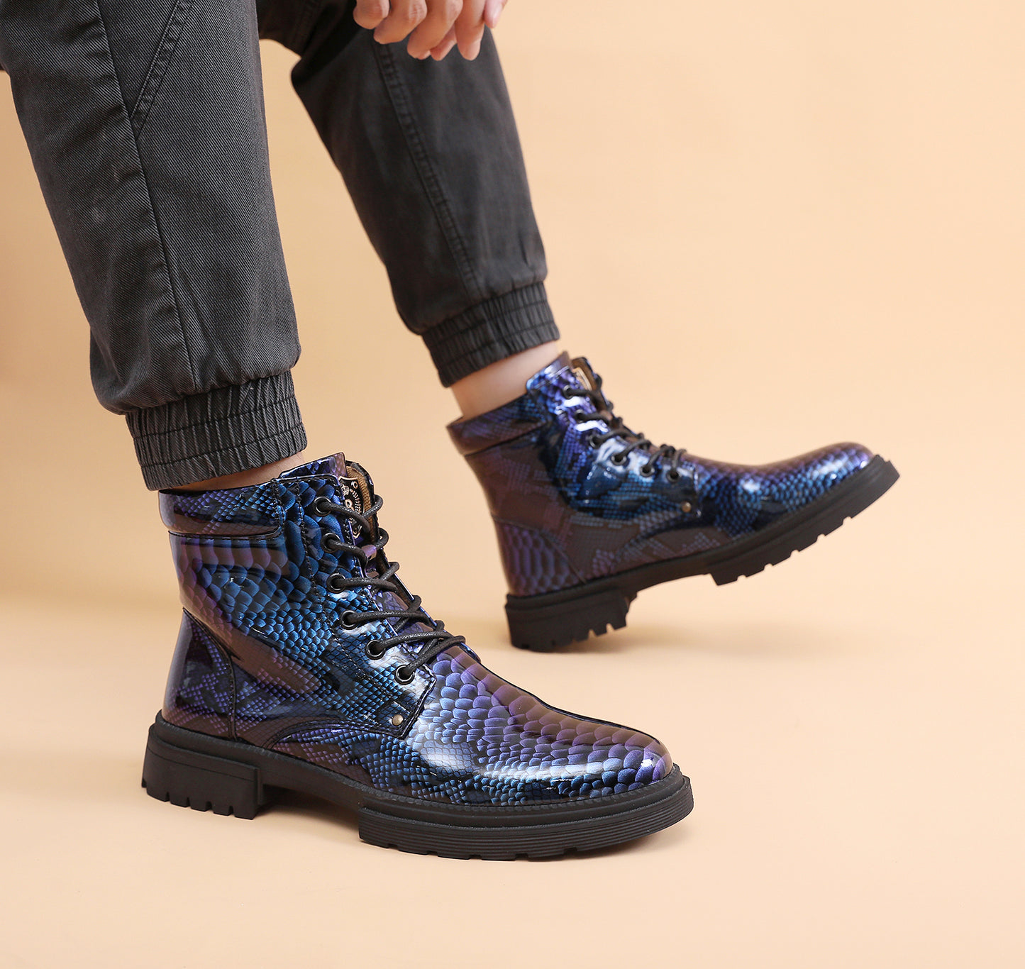 Britische Lederstiefel für Herren – Martin-Freizeitstiefel mit Schlangenmuster-Imitat | 797