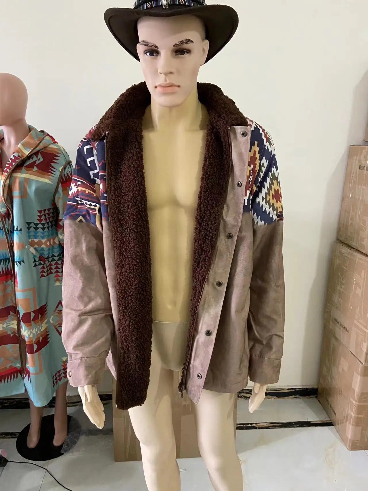Herren-Fleece-Sherpa-Vintage-Jacke im Azteken-Stil, Übergröße, Reißverschluss und Knopfleiste, dicker taktischer Winter-Cargomantel mit Reverskragen