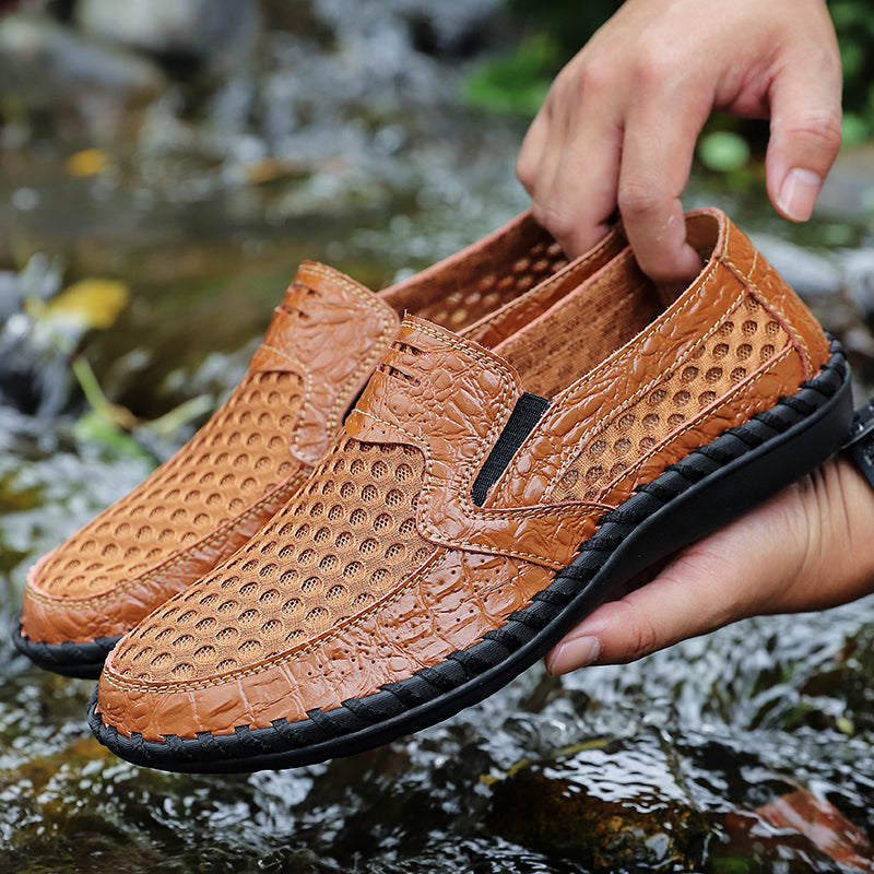 Leichte Herren-Loafer aus Rindsleder im Retro-Stil, handgenäht, zum Hineinschlüpfen mit weicher Mesh-Sohle für Outdoor-Reisen | HB3399